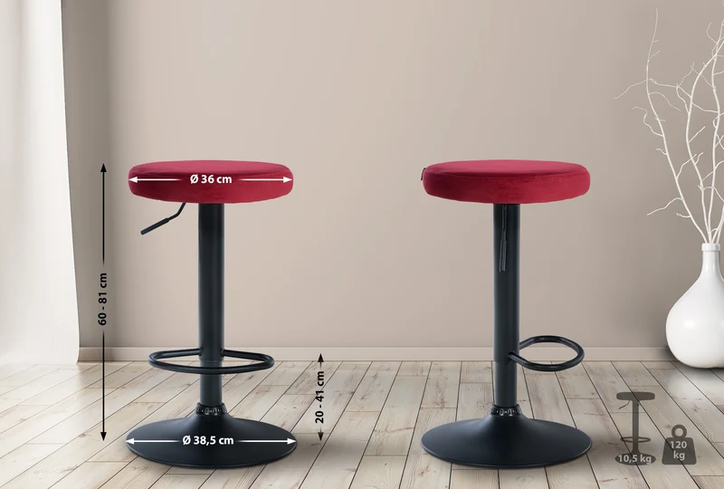 Tabouret de bar x1 design simple hauteur réglable revêtement en velours rouge pieds en métal noir 10_0006534