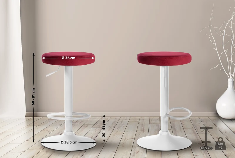 Tabouret de bar x1 design simple hauteur réglable revêtement en velours rouge pieds en métal blanc 10_0006532