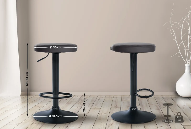 Tabouret de bar x1 design simple hauteur réglable revêtement en similicuir noir pieds en métal noir 10_0006398