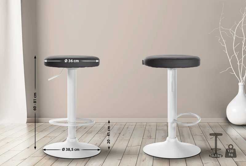 Tabouret de bar x1 design simple hauteur réglable revêtement en similicuir noir pieds en métal blanc 10_0006396