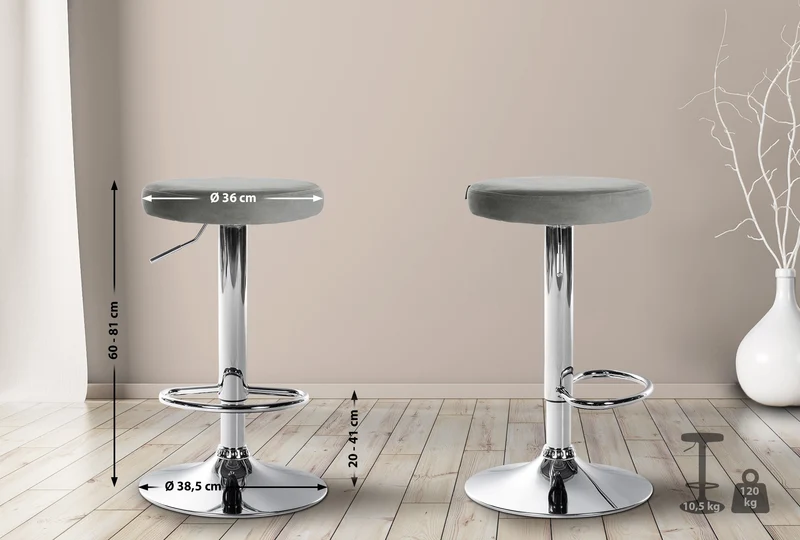 Tabouret de bar x1 design simple hauteur réglable revêtement en velours gris pieds en métal chromé 10_0005991