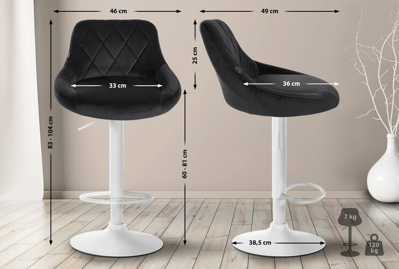 Lot de 2 tabourets de bar pivotant hauteur réglable en velours noir surpiqûres décoratives cadre en métal blanc 10_0005574