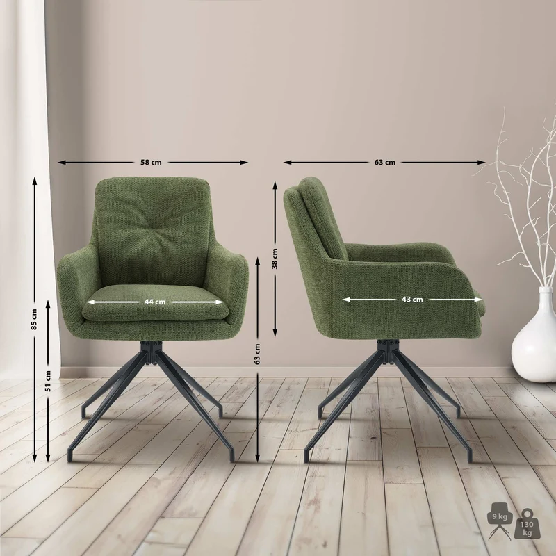 Chaise de salle à manger x1 fonction pivotante confortable et moderne en tissu vert cadre métal 10_0007175