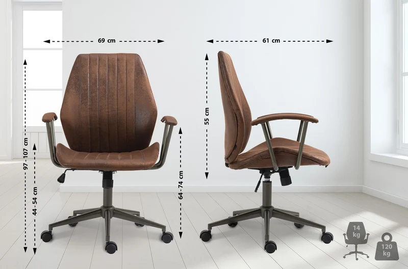 Fauteuil de bureau industriel vintage sur roulettes avec accoudoirs en synthétique marron vieilli pivotant BUR10689