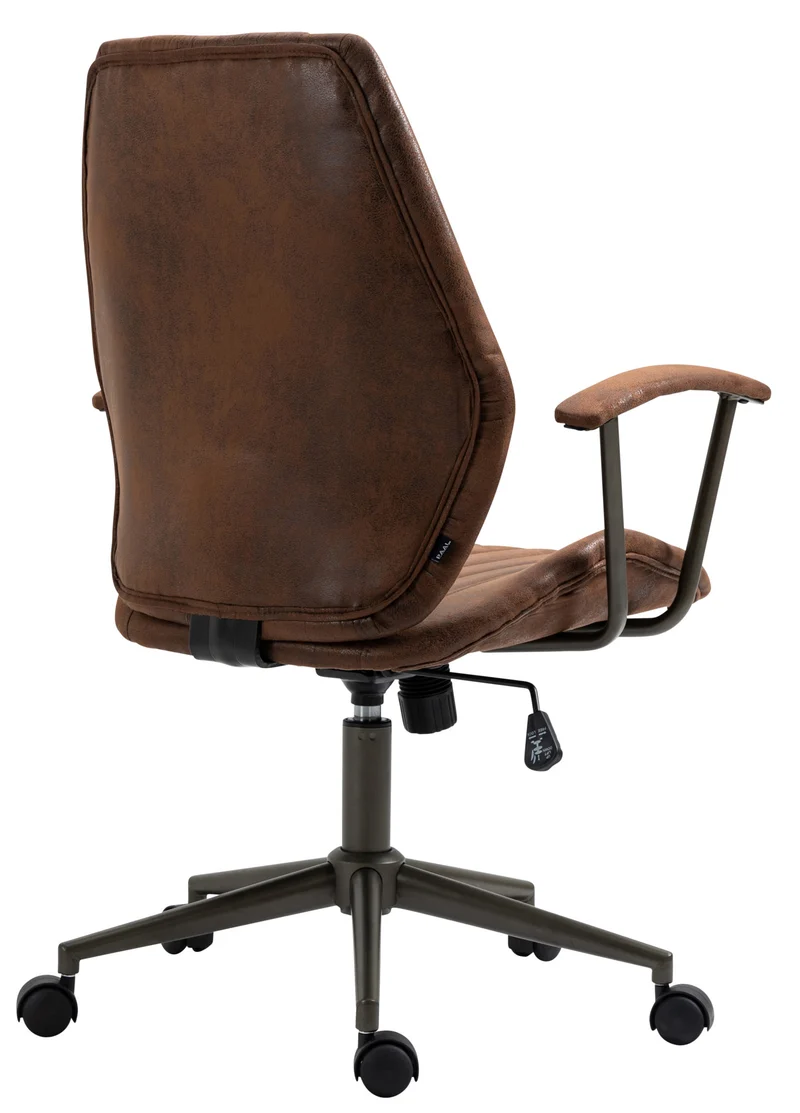 Fauteuil de bureau industriel vintage sur roulettes avec accoudoirs en synthétique marron vieilli pivotant BUR10689