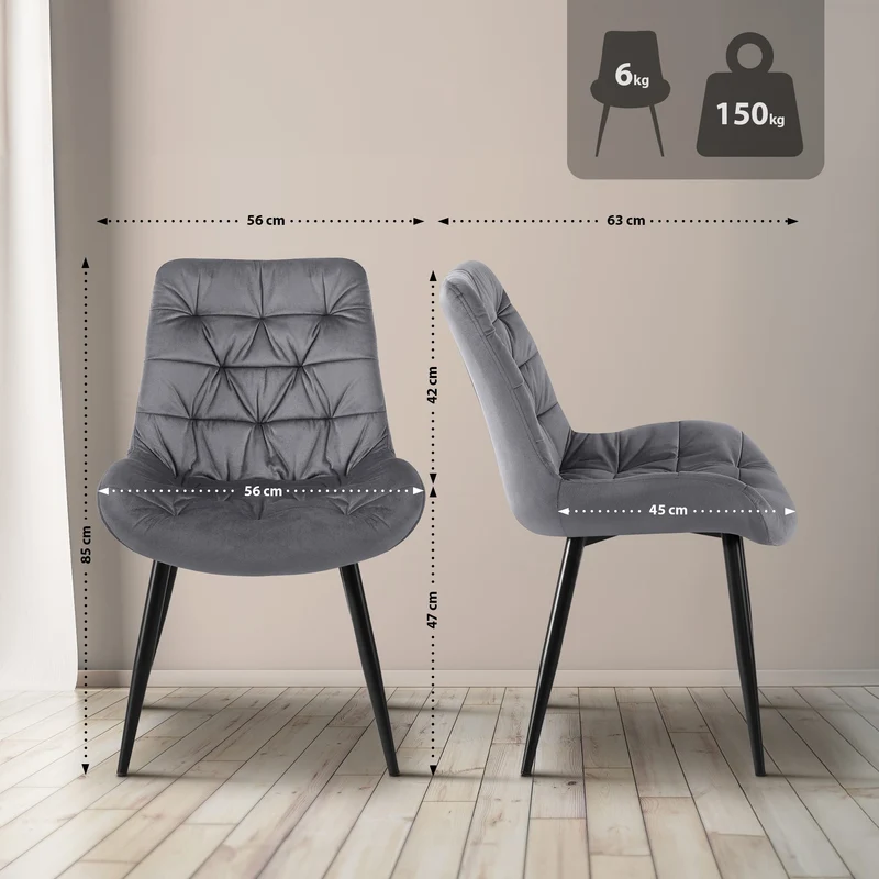 Chaise de salle à manger x1 en velours gris cadre en métal noir confort & élégance intemporelle 10_0007223