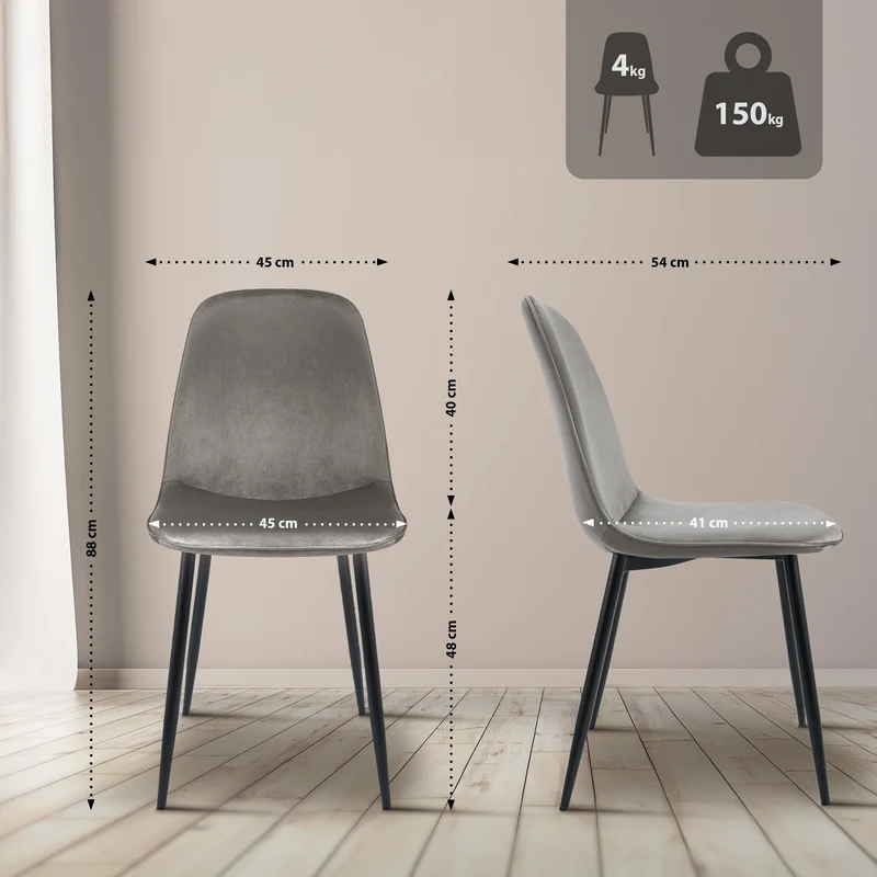 Chaise de salle à manger cuisine x1 design moderne en velours gris clair cadre en métal noir 10_0007219