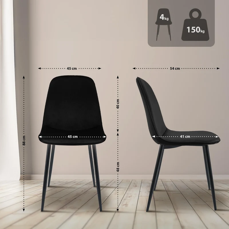 Chaise de salle à manger cuisine x1 design moderne en velours noir cadre en métal noir 10_0007217
