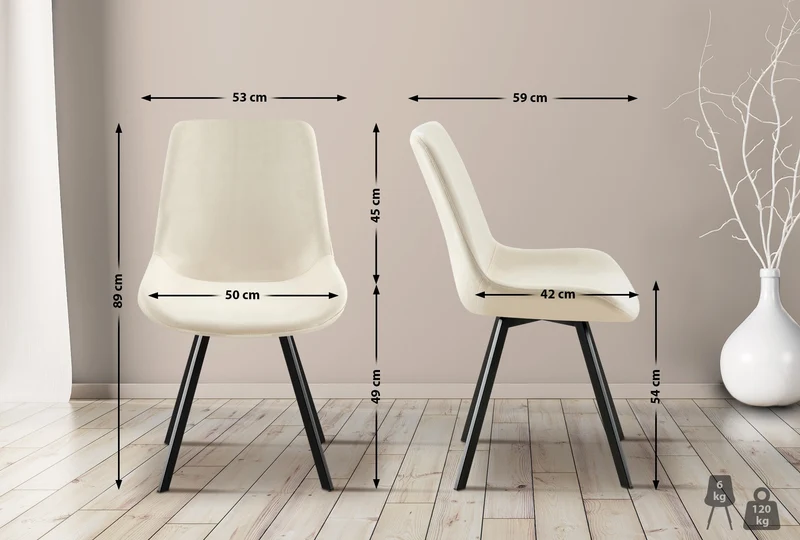 Chaise de salle à manger x1 pivotant à 360 degrés en velours crème cadre en métal noir 10_0007206