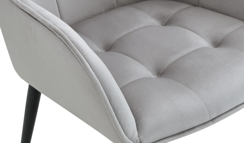 Chaise de salle à manger x1 avec accoudoirs en velours gris clair capitonné cadre métal noir 10_0007198