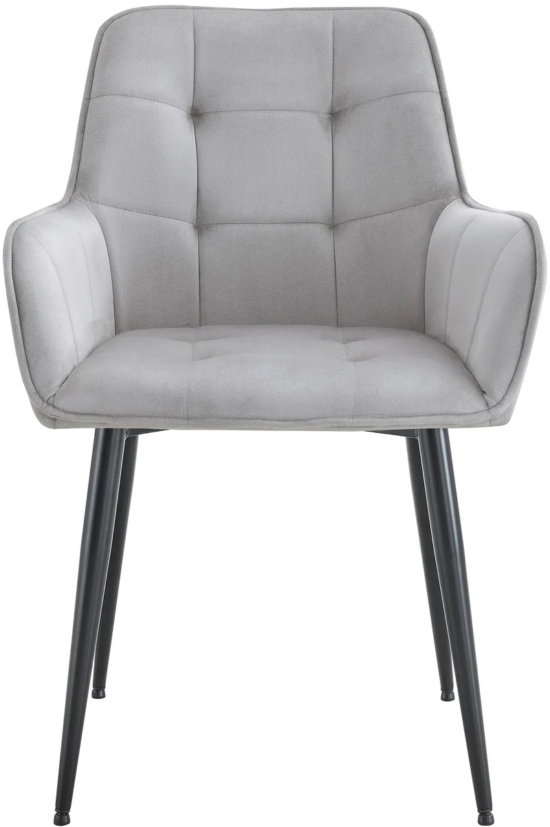 Chaise de salle à manger x1 avec accoudoirs en velours gris clair capitonné cadre métal noir 10_0007198