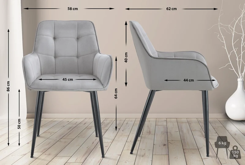 Chaise de salle à manger x1 avec accoudoirs en velours gris clair capitonné cadre métal noir 10_0007198