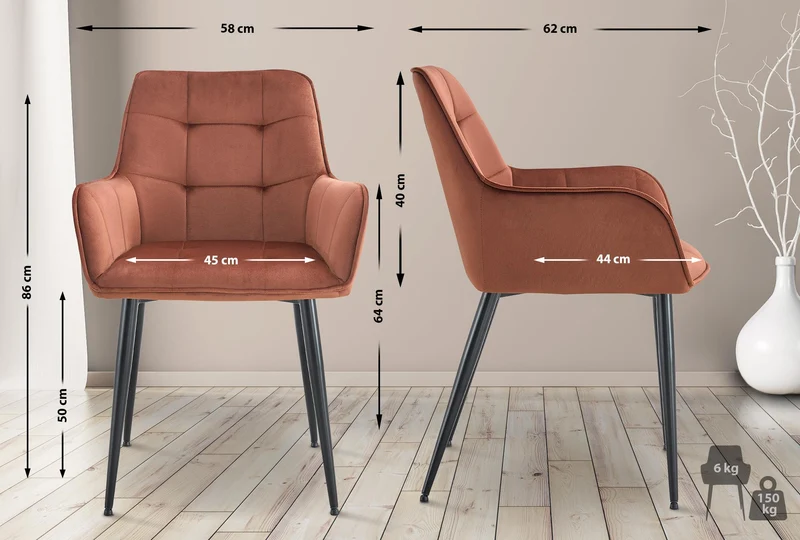 Chaise de salle à manger x1 avec accoudoirs en velours marron capitonné cadre métal noir 10_0007196