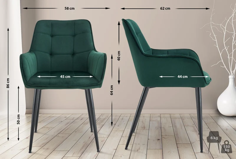 Chaise de salle à manger x1 avec accoudoirs en velours vert foncé capitonné cadre métal noir 10_0007195