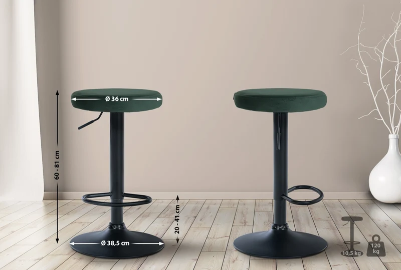 Tabouret de bar x1 design simple hauteur réglable revêtement en velours vert pieds en métal noir 10_0005354