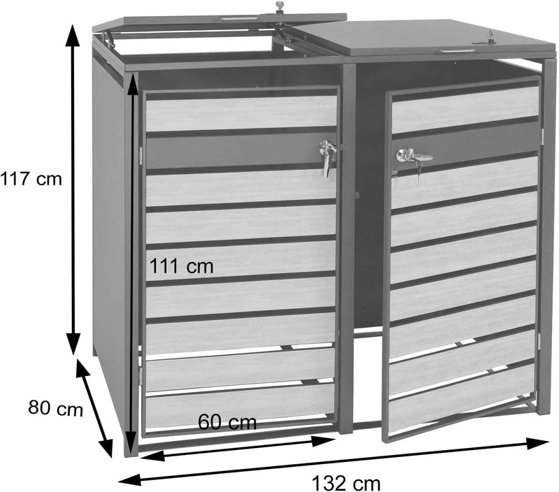 Abri de poubelle en métal pour deux poubelles de 80 à 240 litres anthracite aspect bois d hêtre doré MDJ04175