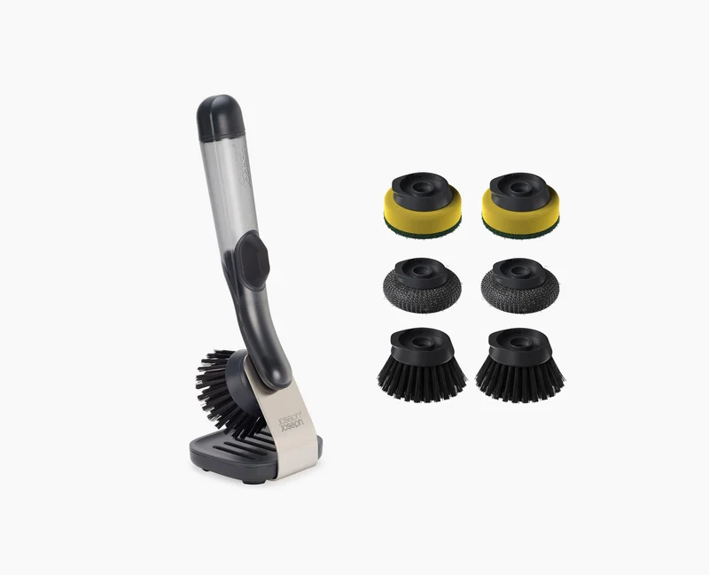 Brosse à Vaisselle et Distributeur de Savon avec Support Inox et 6 Têtes de Rechange