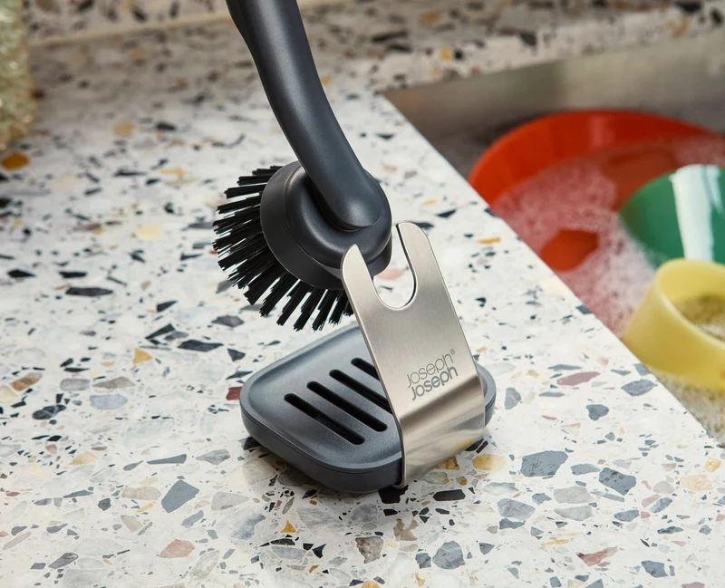 Brosse à Vaisselle et Distributeur de Savon avec Support Inox et 6 Têtes de Rechange