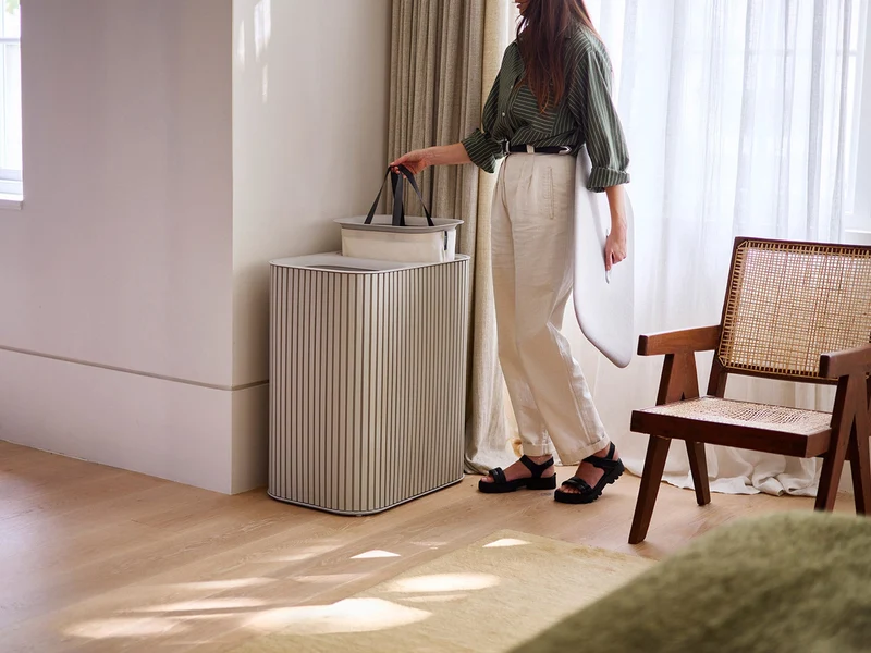 Panier à Linge Double Luxe Bambou Écru 90L Tota Twin Luxe
