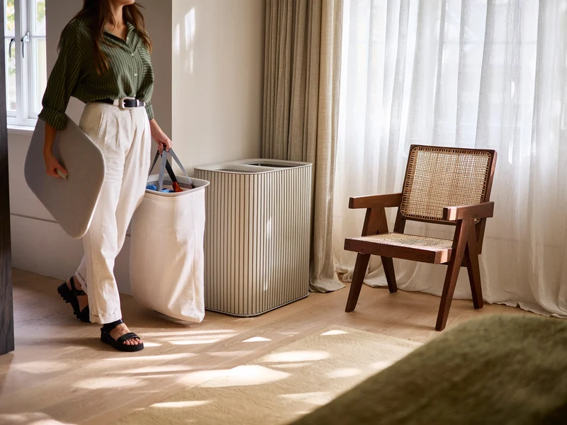 Panier à Linge Double Luxe Bambou Écru 90L Tota Twin Luxe