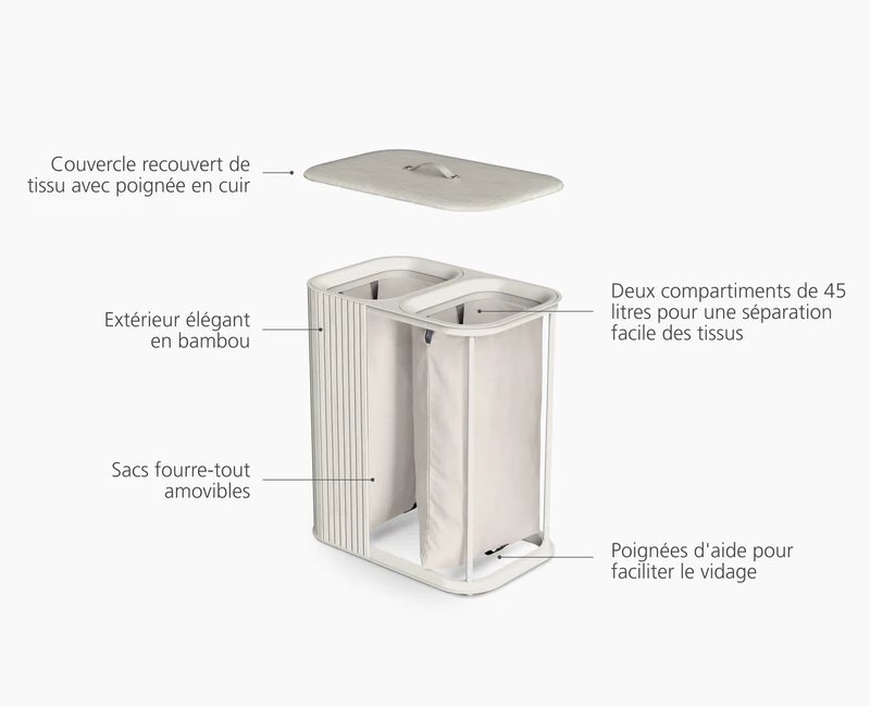 Panier à Linge Double Luxe Bambou Écru 90L Tota Twin Luxe