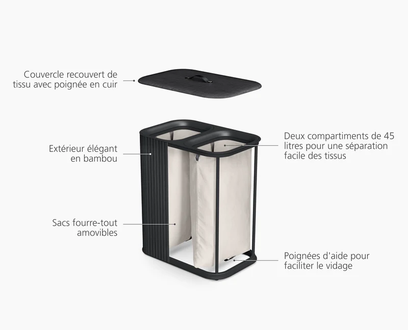 Panier à Linge Double Luxe Bambou Noir 90L Tota Twin Luxe