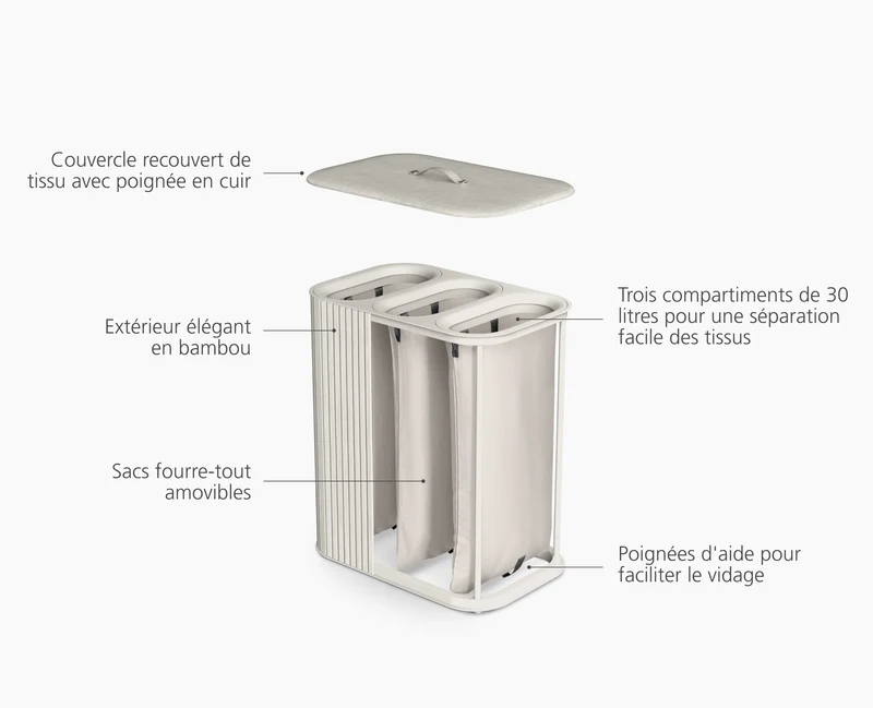 Panier à Linge Triple Luxe Bambou Écru 90L Tota Trio Luxe