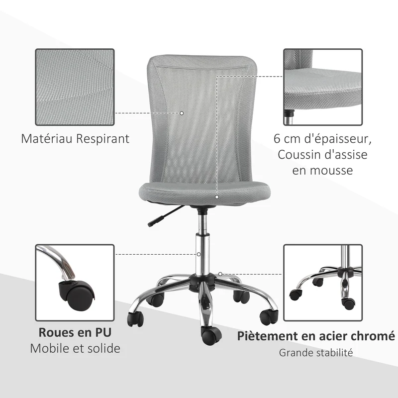 Lot de 2 chaises de bureau ergonomique hauteur réglable 43 x 58 x 100 cm pivotant 360° à roulettes moderne en tissu gris 21_0006350