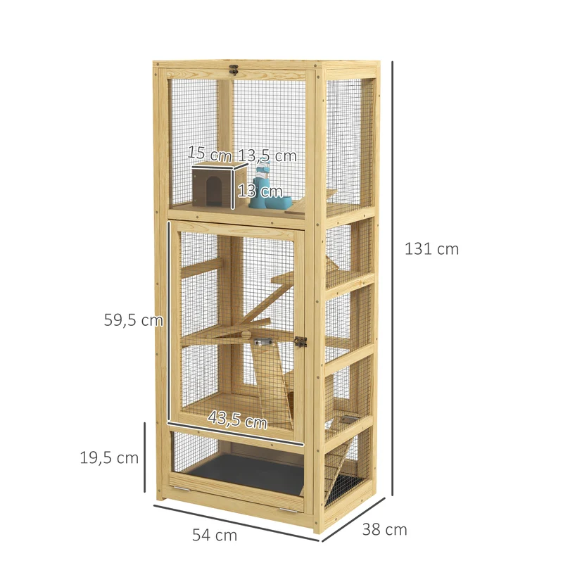 Cage pour hamsters et rongeurs 54 x 38 x 131 cm 5 niveaux plateau amovible salon et chambre rustique en bois naturel 21_0007984