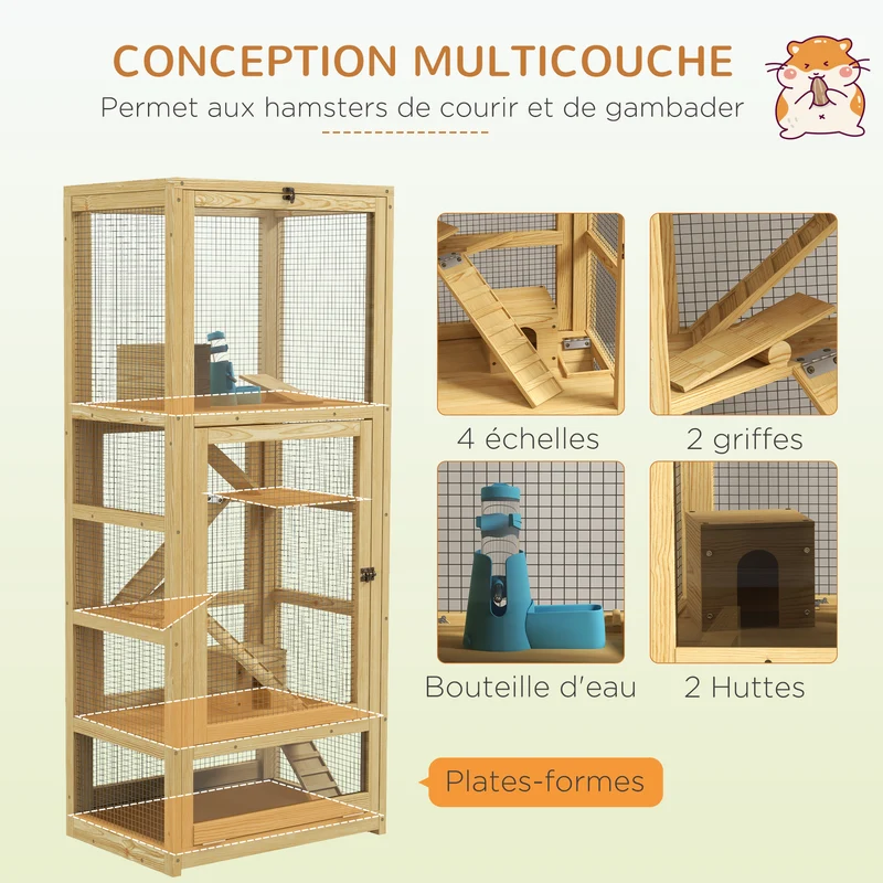 Cage pour hamsters et rongeurs 54 x 38 x 131 cm 5 niveaux plateau amovible salon et chambre rustique en bois naturel 21_0007984