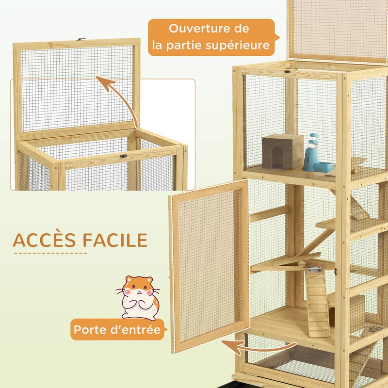 Cage pour hamsters et rongeurs 54 x 38 x 131 cm 5 niveaux plateau amovible salon et chambre rustique en bois naturel 21_0007984