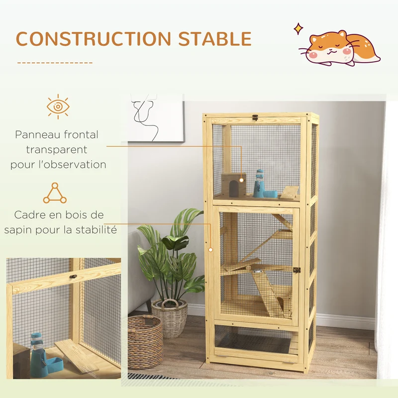 Cage pour hamsters et rongeurs 54 x 38 x 131 cm 5 niveaux plateau amovible salon et chambre rustique en bois naturel 21_0007984