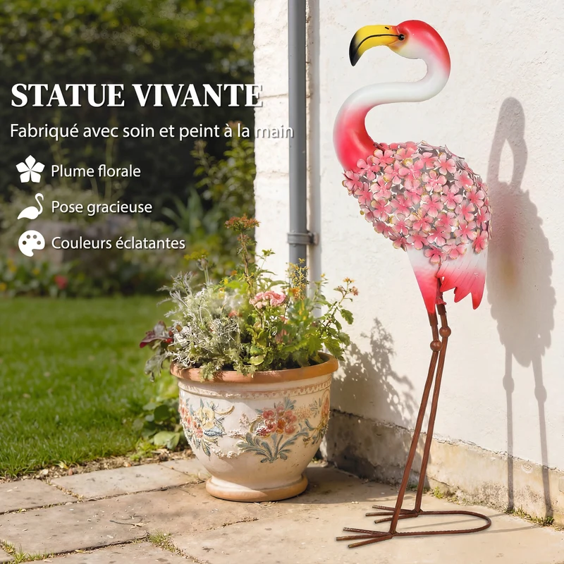 Statue de jardin flamant rose 28 x 19 x 83 cm résistante aux intempéries piquets de fixation décoratif en métal rouge 21_0005694