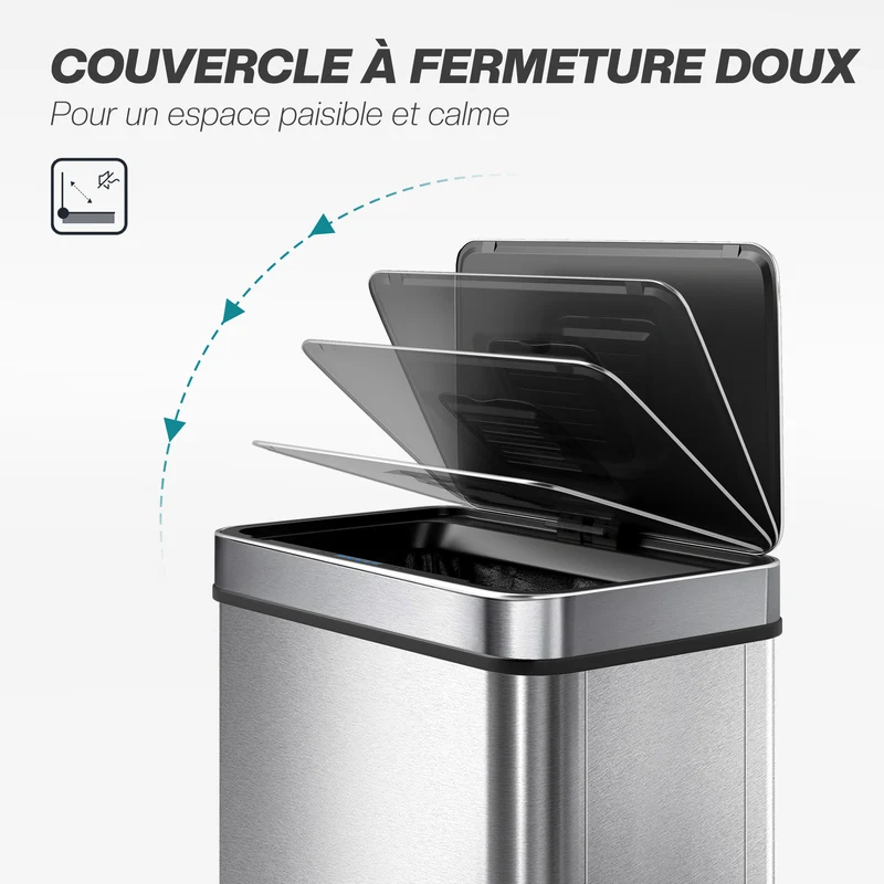 Poubelle à capteur de cuisine 39 x 27 x 66 cm ouverture sans contact fermeture douce moderne en acier inoxydable argenté 21_0005945