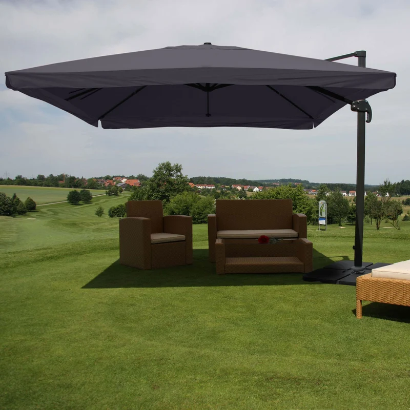 Parasol déporté 3×4 m (5 m) – Toile polyester anthracite – Structure aluminium/acier – Avec pied rotatif – Volant (flap) 04_0007955