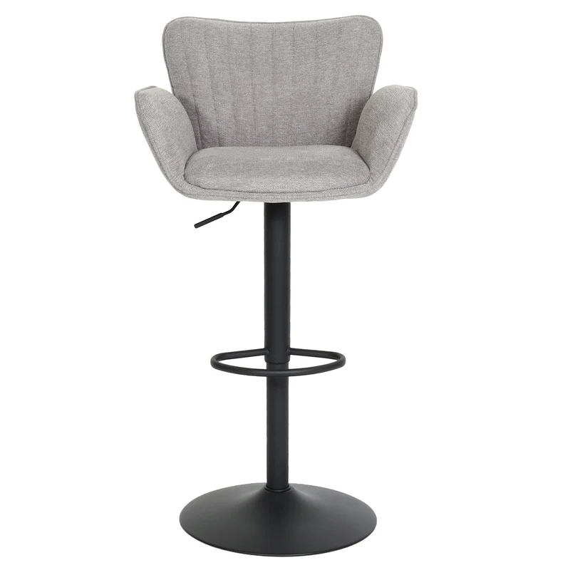 Lot de 2 tabourets de bar Tissu gris clair – Structure en fer noir – Accoudoirs – Repose-pieds – Pivotants à 360° – Réglables en hauteur 04_0007466