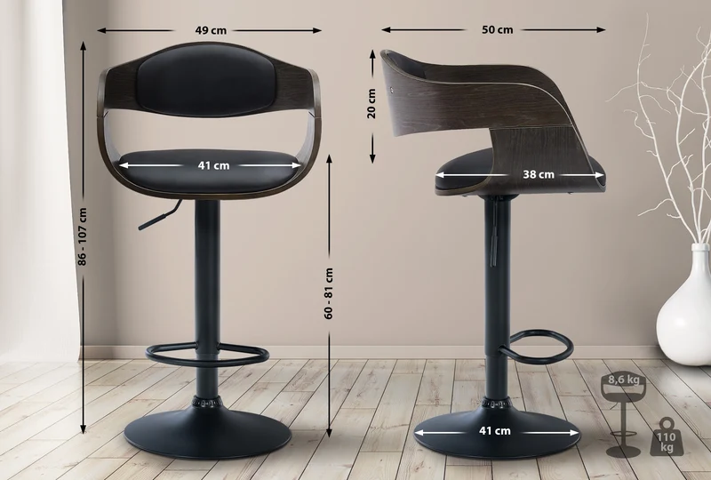 Set de 2 tabourets de bar chaises hautes pieds trompette en métal noir assise en bois gris et similicuir noir TDB10765