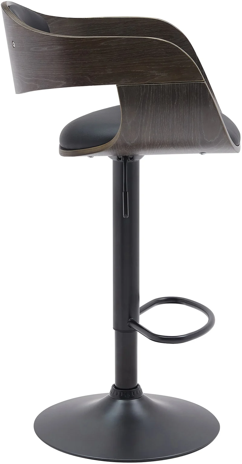 Set de 2 tabourets de bar chaises hautes pieds trompette en métal noir assise en bois gris et similicuir noir TDB10765