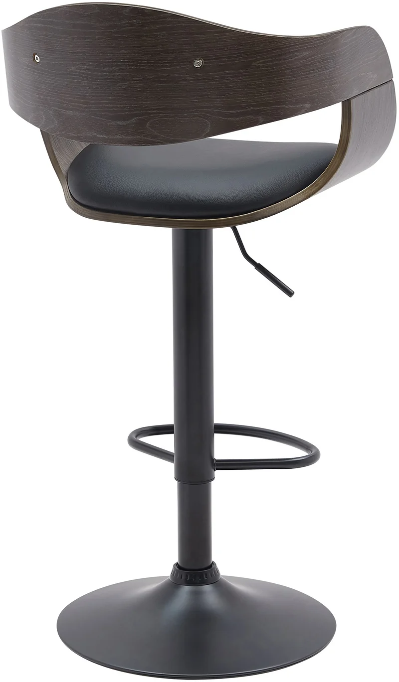 Set de 2 tabourets de bar chaises hautes pieds trompette en métal noir assise en bois gris et similicuir noir TDB10765