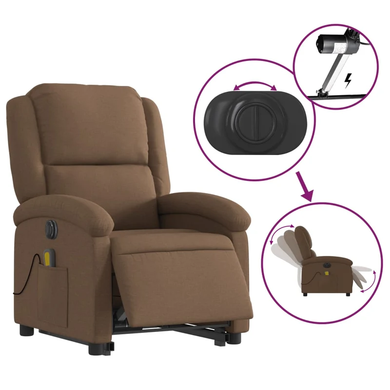 Fauteuil de relaxation fonction massage et inclinable levage électrique en tissu marron DEC027785