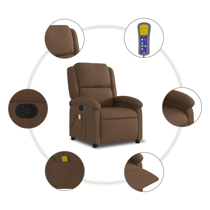 Fauteuil de relaxation TV fonction massage inclinable 6 points de massage en tissu marron DEC027006