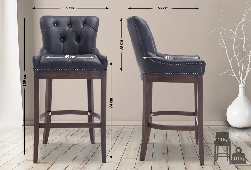Tabouret de bar x1 avec assise en cuir véritable bois véritable cuir noir 10_0005053
