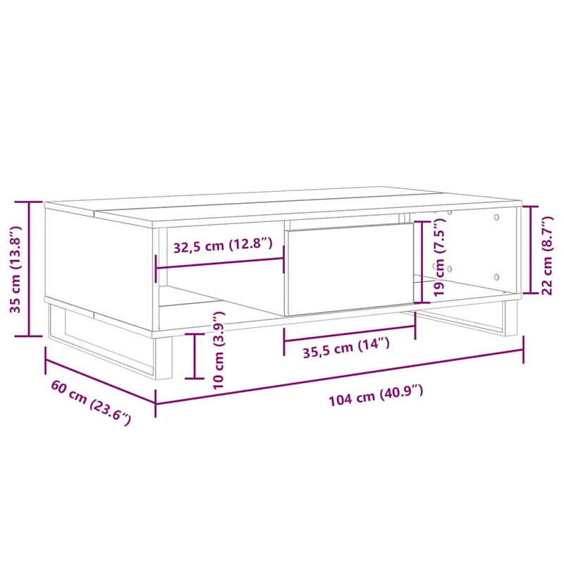 Table basse design rustique avec 3 compartiments 104 x 60 x 35 cm bois d'ingénierie marron et fer DEC038388