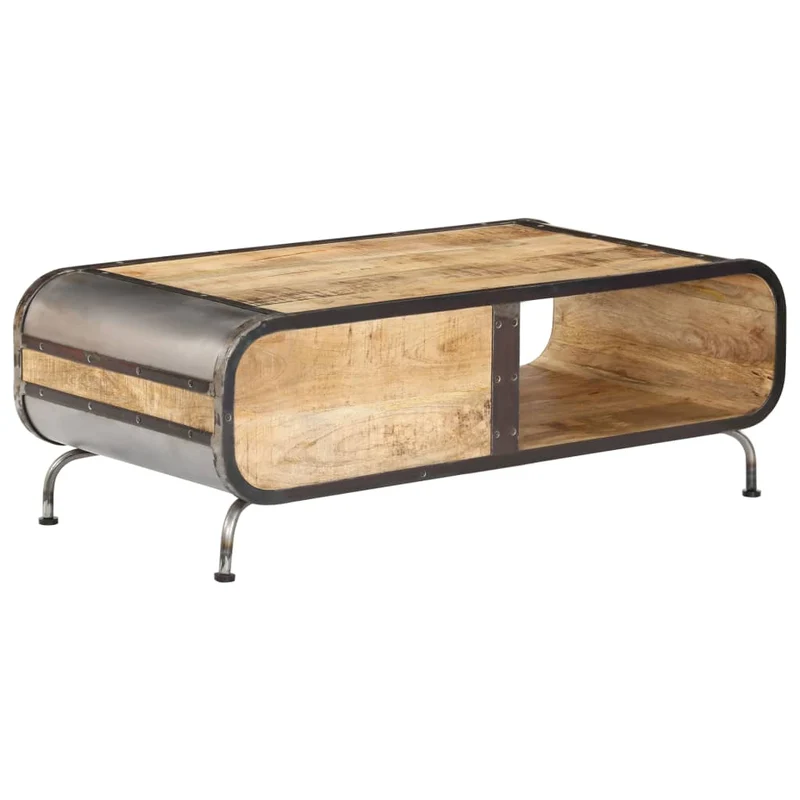 Table basse de salon design moderne avec tiroirs 100 x 50 x 35 cm bois de manguier et fer DEC036921
