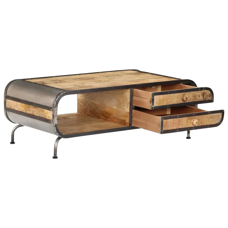 Table basse de salon design moderne avec tiroirs 100 x 50 x 35 cm bois de manguier et fer DEC036921