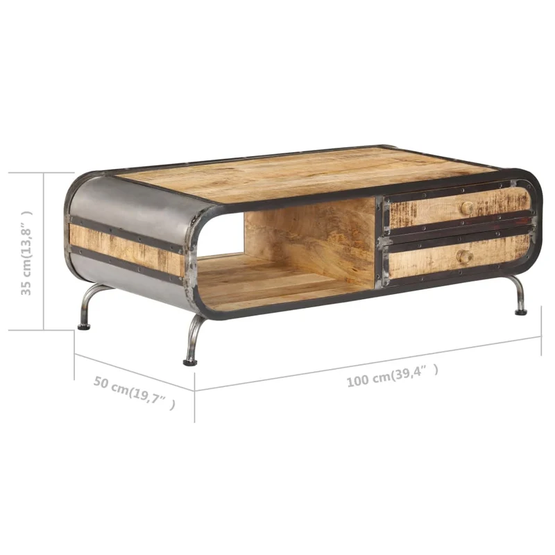 Table basse de salon design moderne avec tiroirs 100 x 50 x 35 cm bois de manguier et fer DEC036921