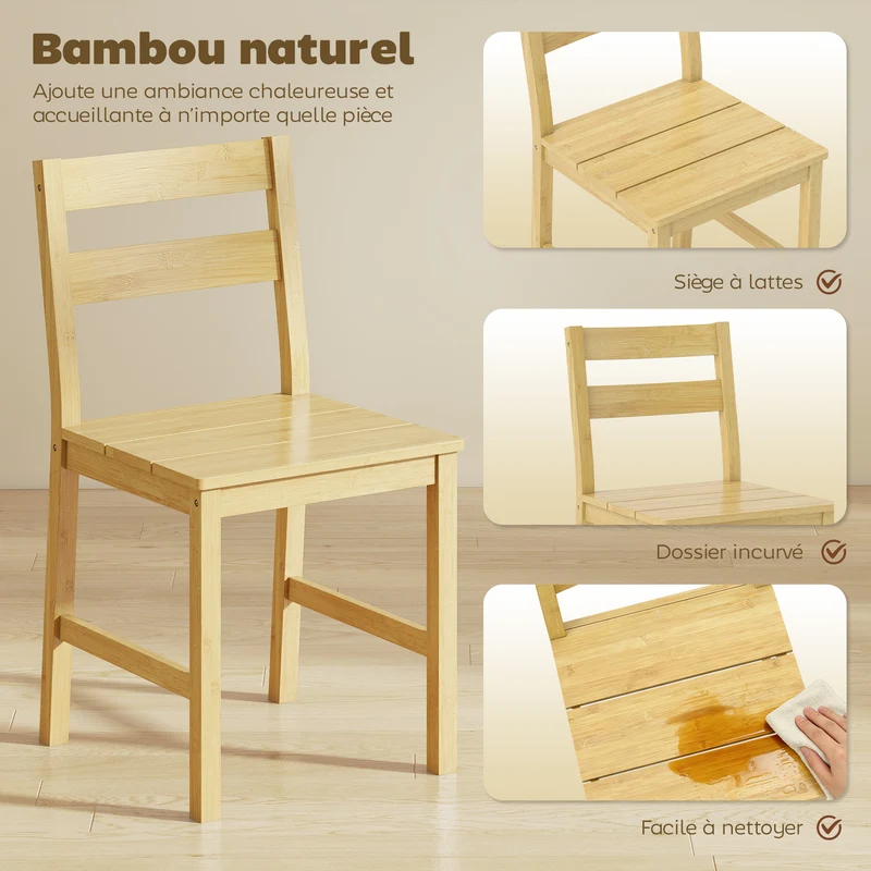 Lot de 2 chaises de salle à manger 42 x 45 x 80 cm dossier incurvé finition vernie scandinave en bambou bois naturel 21_0003384