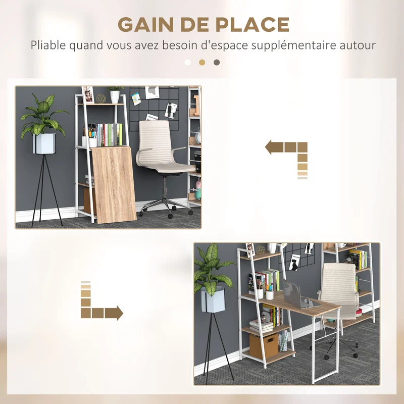 Bureau pliable rabattable bibliothèque 2 en 1 106 x 48 x 128 cm gain de place 4 étagères moderne en mélaminé chêne clair 21_0002441