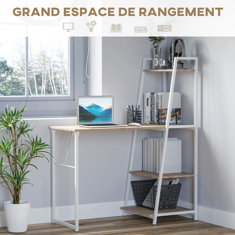 Bureau pliable rabattable bibliothèque 2 en 1 106 x 48 x 128 cm gain de place 4 étagères moderne en mélaminé chêne clair 21_0002441