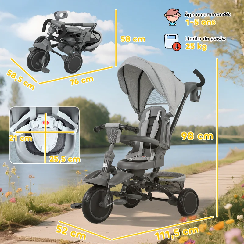 Tricycle évolutif 6 en 1 poussette 111.5 x 52 x 98 cm siège pivotant 360° pliable compact moderne épuré en acier gris 21_0000630